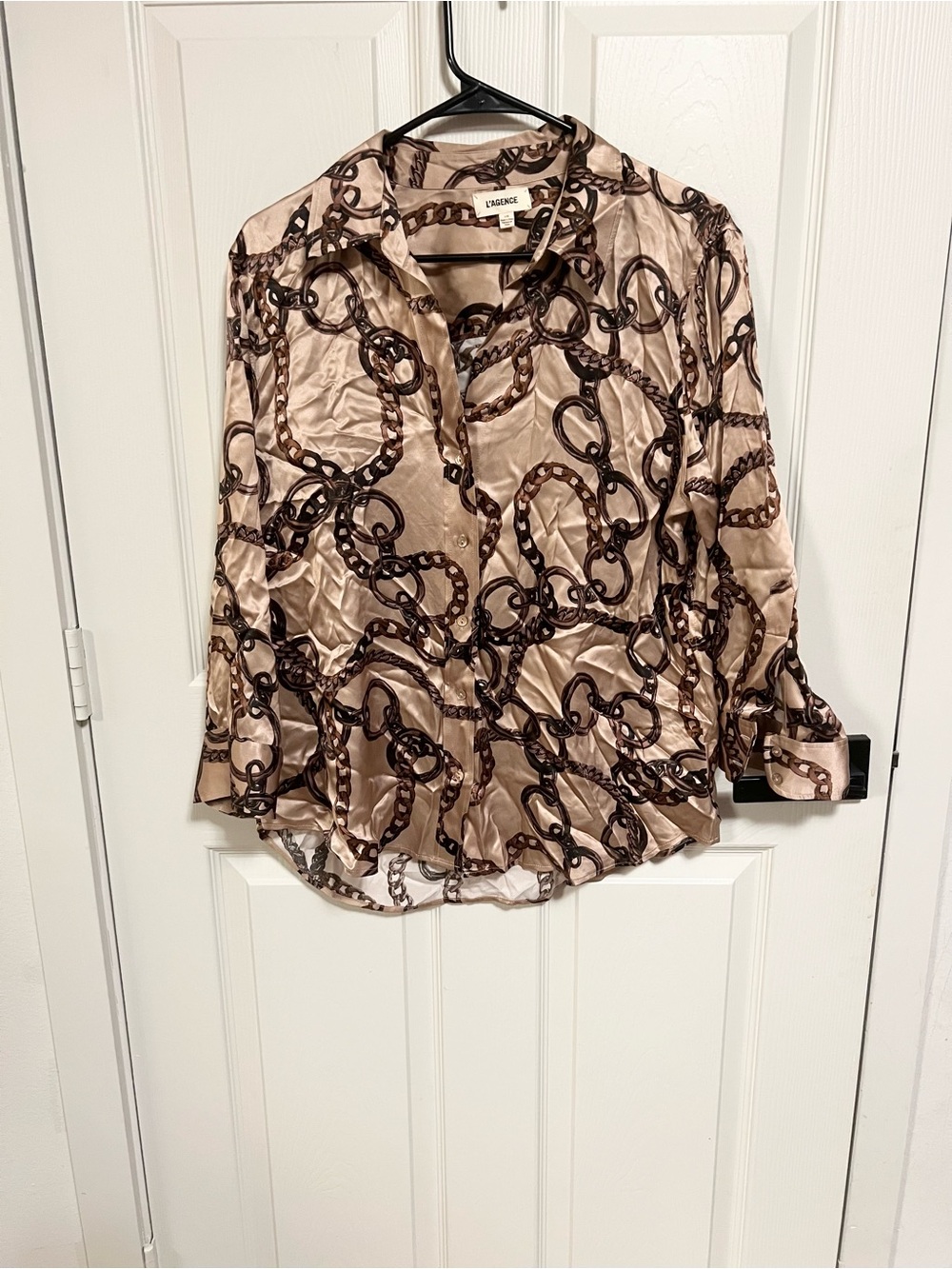 L'AGENCE Dani 3/4 Sleeve Silk Blouse in Almond & Brown Oversized Chain size L - Picture 7 of 8